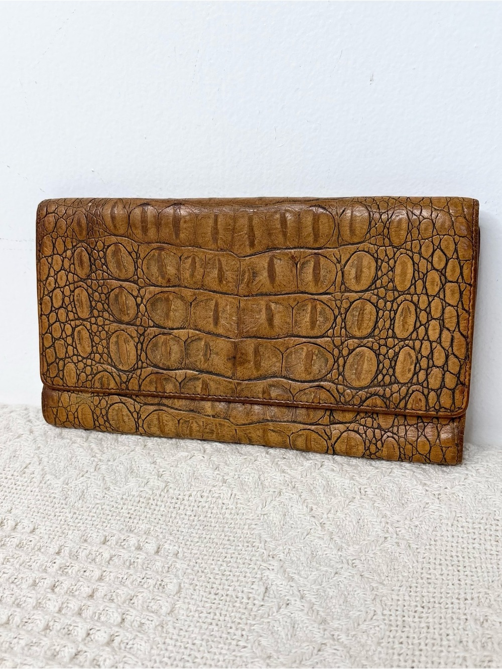 90s Vintage Brahmin Clutch Wallet Toasted Almond Crocodile Embossed Leather